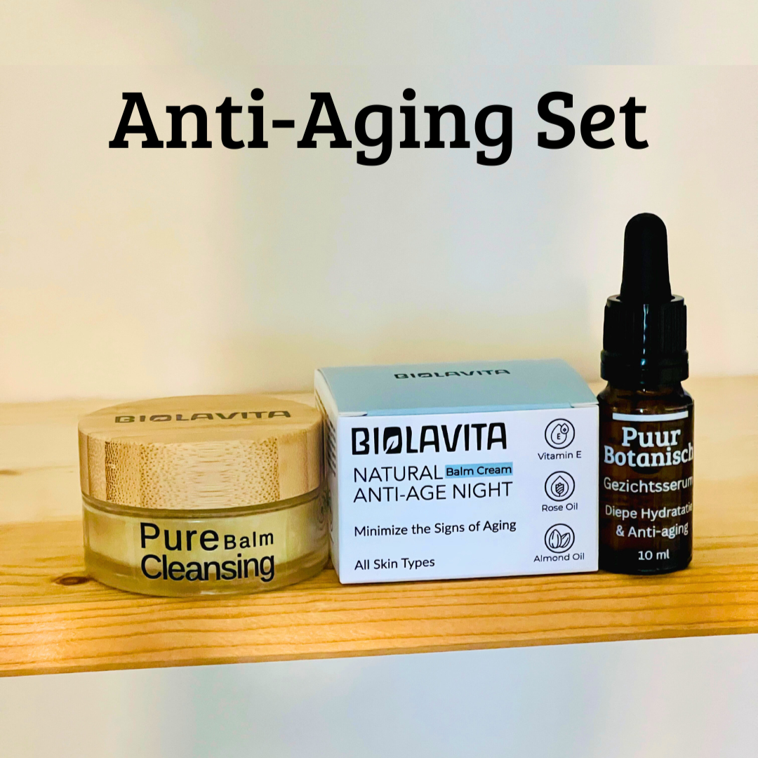 Anti-aging skincare set with cream, box, and dropper bottle on a wooden surface.